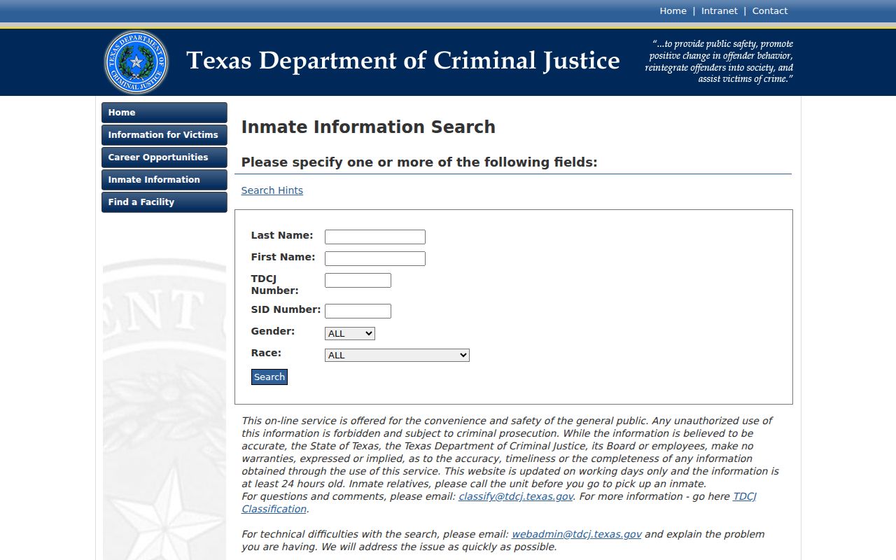 Hall County arrest lookup using the TDCJ Online Inmate Search