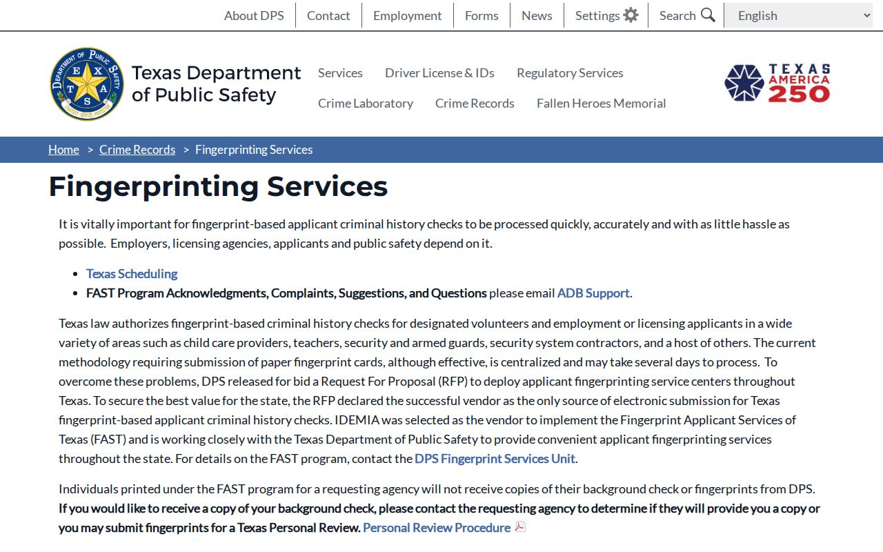 Hall County criminal history DPS fingerprint services