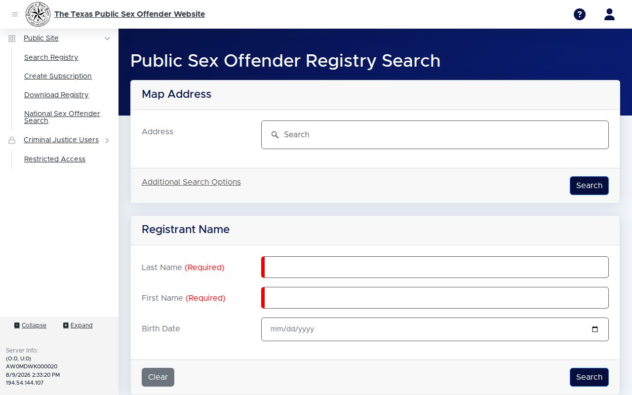 Hall County sex offender search controls in the Texas DPS registry